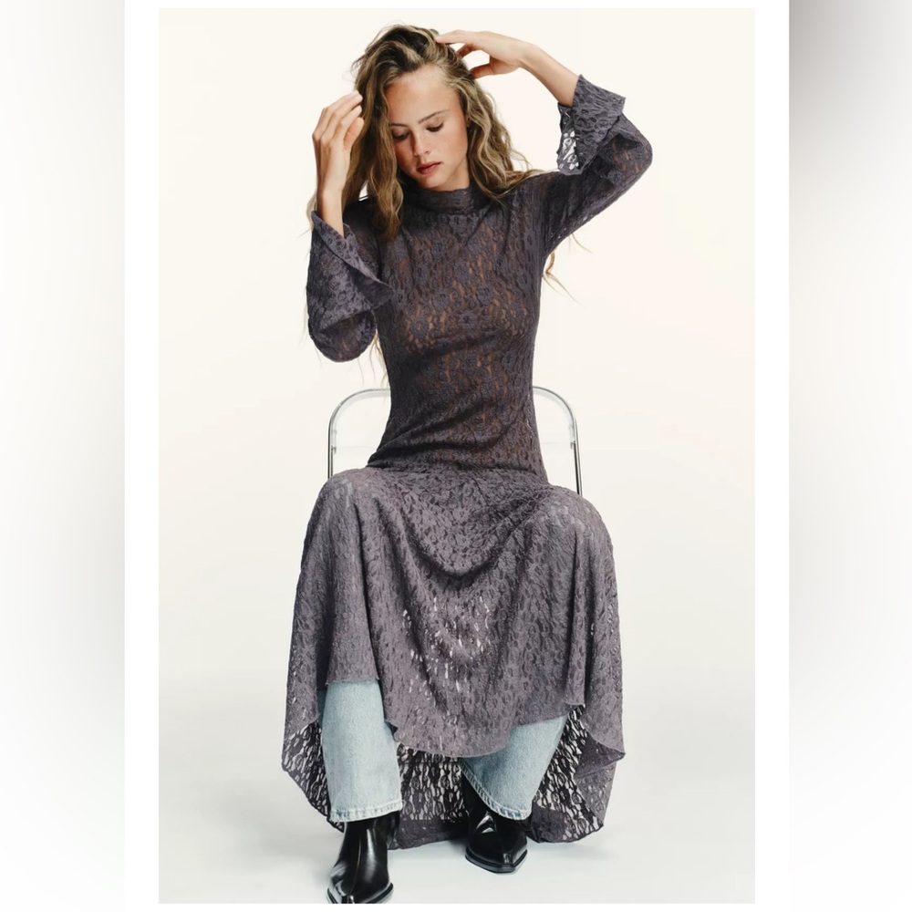 Zara Dark Purple Lace Maxi Dress Long Sleeve - NWT